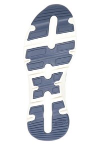 Blå och vit träningsskosula med texturerad gummi, som har utskärningar och ett mönster för grepp och flexibilitet.