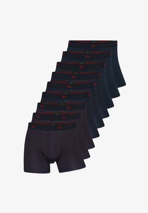 Navy og røde mønstrede boxershorts med elastiske taljebånd. Variationerne inkluderer geometriske mønstre og ensfarvede designs. Sæt af ti.