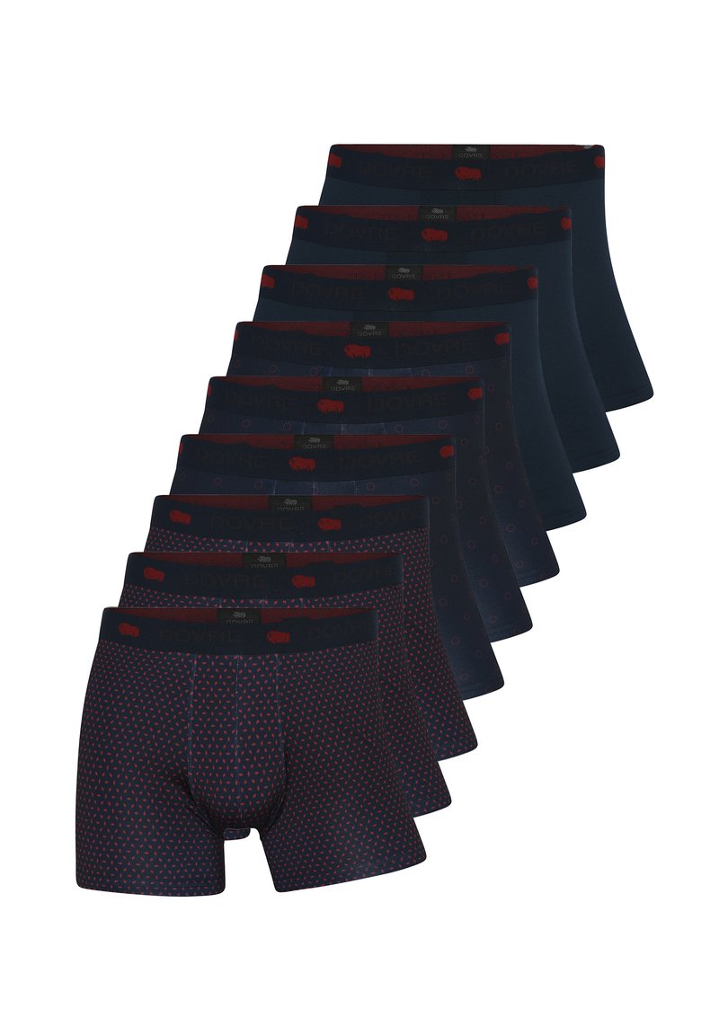 Navy og røde mønstrede boxershorts med elastiske taljebånd. Variationerne inkluderer geometriske mønstre og ensfarvede designs. Sæt af ti.