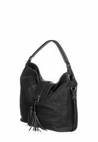 Sac bandoulière en cuir noir avec sangle ajustable, rabat avant et deux pampilles pendantes sur fond blanc uni.