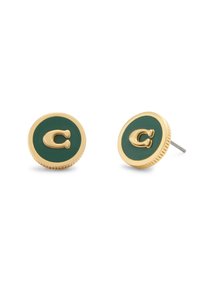 Gold-tone circular earrings with a green enamel inlay and a prominent "C" accent in the center. Textured edge adds detail.