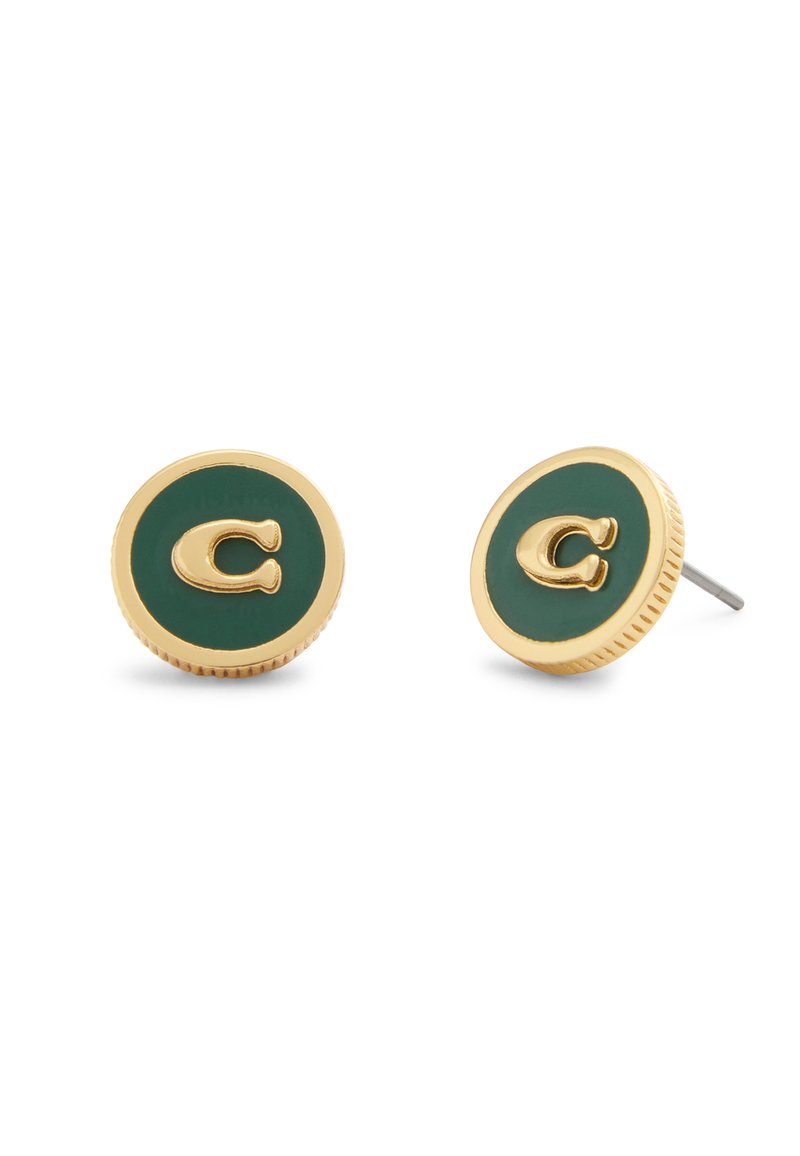 Gold-tone circular earrings with a green enamel inlay and a prominent "C" accent in the center. Textured edge adds detail.