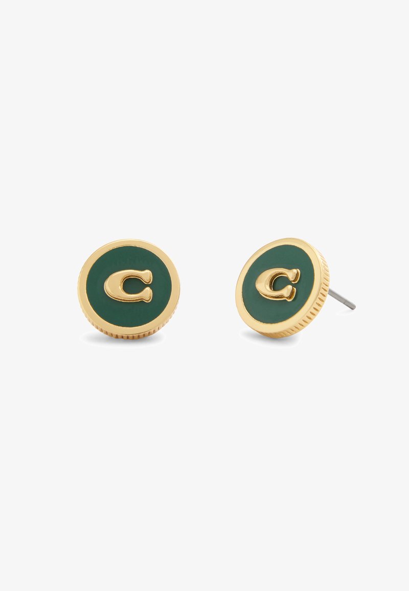Gold-tone circular earrings with a green enamel inlay and a prominent "C" accent in the center. Textured edge adds detail.