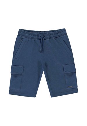 Donkerblauwe cargoshorts van zacht materiaal, met een elastische tailleband, trekkoord, twee voorzakken en twee zijcargozakken.