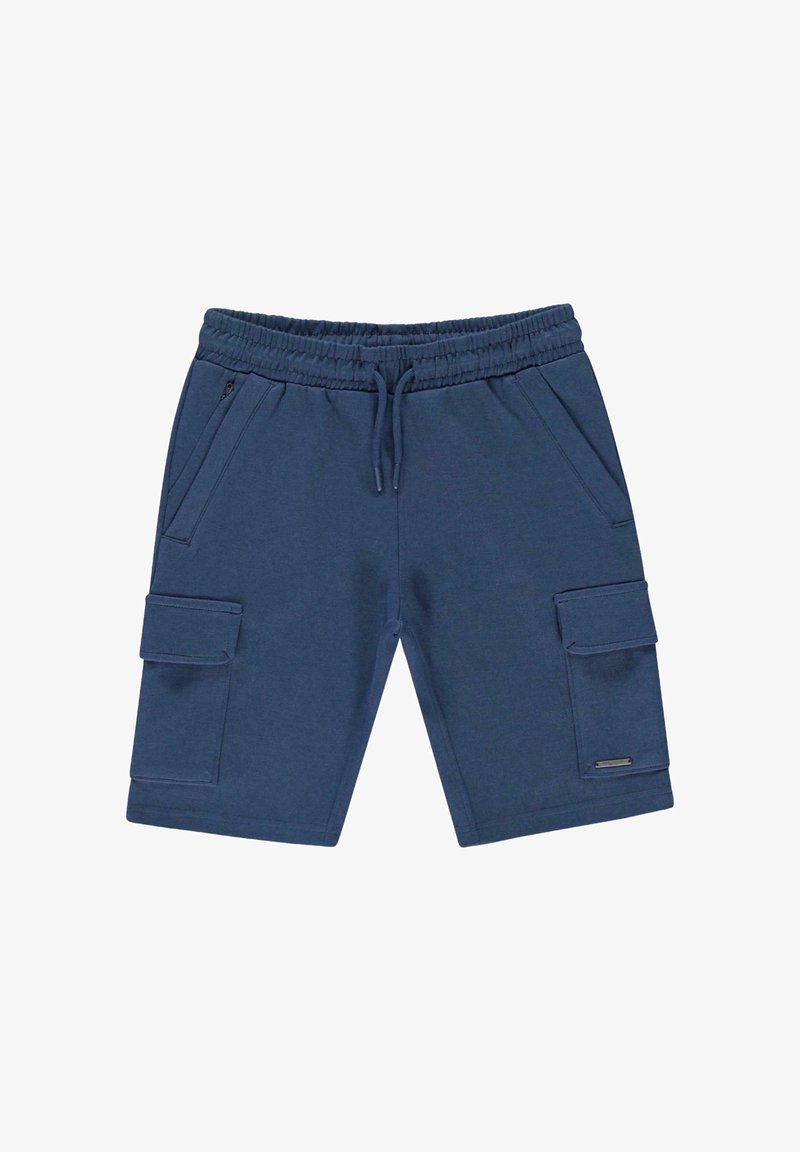 Donkerblauwe cargoshorts van zacht materiaal, met een elastische tailleband, trekkoord, twee voorzakken en twee zijcargozakken.