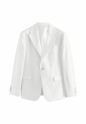 Blazer en lin blanc avec un col à pointe, deux poches avant et accents à six boutons sur les poignets. Texture lisse et coupe ajustée.