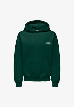 Dark green hooded sweatshirt with front kangaroo pocket and white "Lo Fi Lounge" text on left chest.