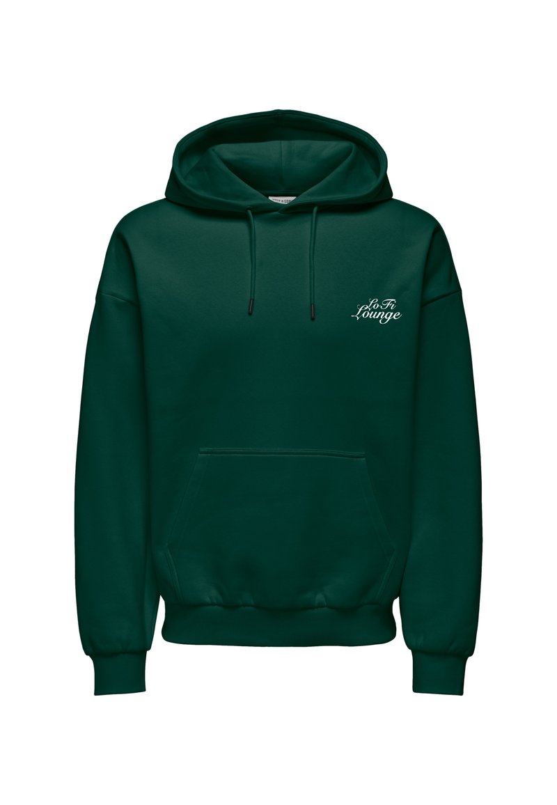Dark green hooded sweatshirt with front kangaroo pocket and white "Lo Fi Lounge" text on left chest.