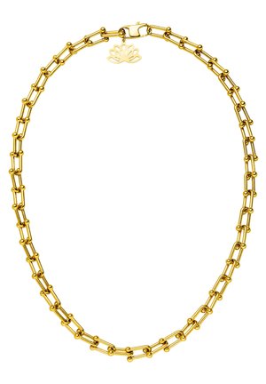 Gouden ketting met dubbele langwerpige schakels en kleine ronde kralen, met een lotusbloemvormige hanger nabij het slot.