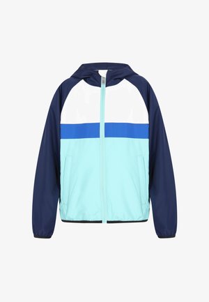 Värviline jope kapuutsiga; sisaldab valget, helesinist, tumesinist ja horisontaalset sinist triipu; valmistatud siledast, kergekaalusest kangast.