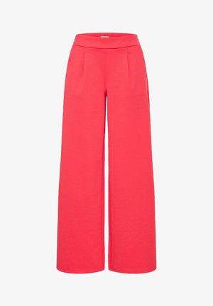 Rote weite Hose aus weichem Material, mit einem elastischen Bund und zwei vorderen Taschen. Schlichtes Design ohne sichtbare Muster oder Beschläge.