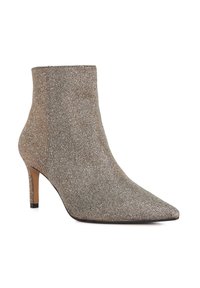 Pointed-toe ankle boots in metallic beige fabric, featuring a stiletto heel, textured surface, and no visible hardware or accents.