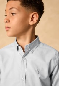 Lichtblauw overhemd met knoopsluiting van katoen, met een kraag, voorzien van een klein geborduurd logo op de borst en een afgeronde zoom.