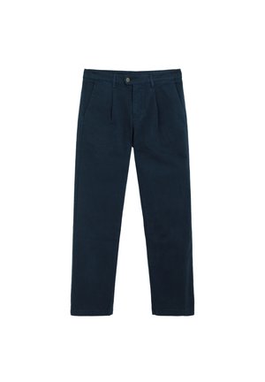 Dark navy blue casual trousers with front pleats, side pockets, belt loops, and a button closure at the waist.