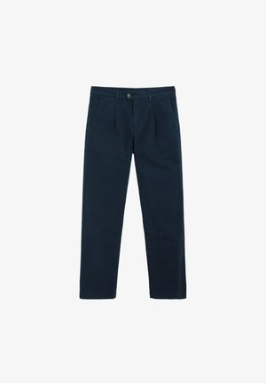 Dunkel marineblaue Freizeithose mit vorderen Falten, Seitentaschen, Gürtelschlaufen und einem Knopfverschluss an der Taille.