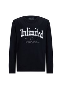 Schwarz, langärmliges T-Shirt aus Baumwolle mit weißem grafischem Text "Unlimited" und zusätzlicher Beschriftung in einer fetten, stilisierten Schriftart.
