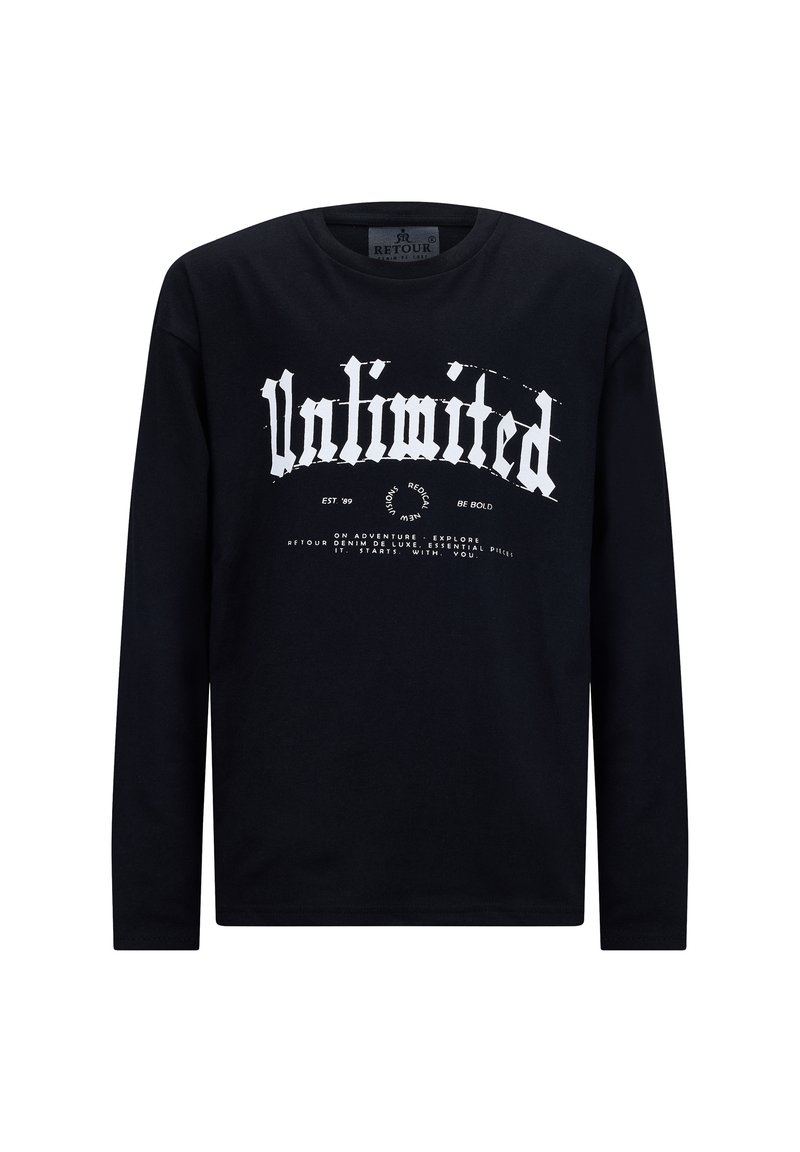 Schwarz, langärmliges T-Shirt aus Baumwolle mit weißem grafischem Text "Unlimited" und zusätzlicher Beschriftung in einer fetten, stilisierten Schriftart.