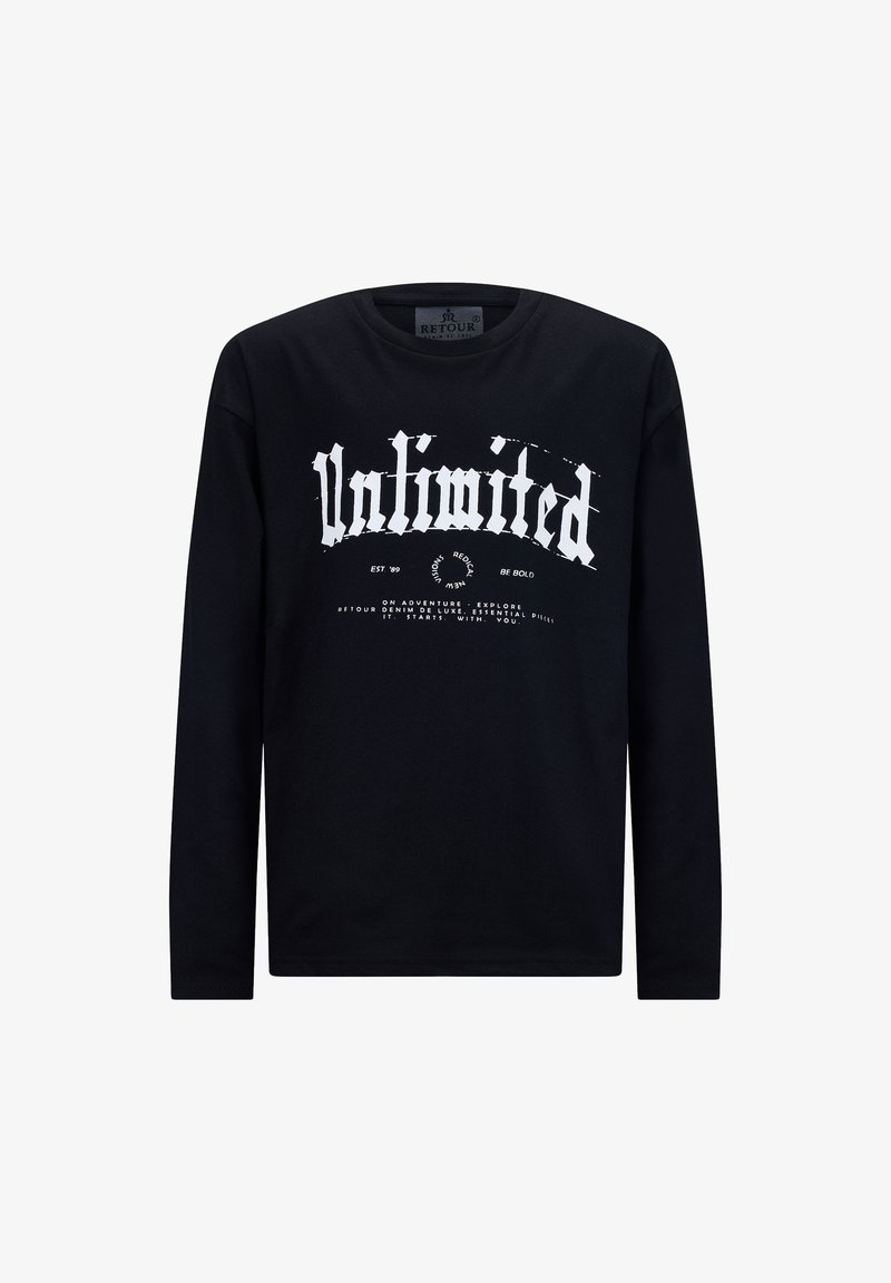 Zwarte lange mouwen T-shirt van katoen met witte grafische tekst "Unlimited" en aanvullende lettering in een vet, gestileerd lettertype.