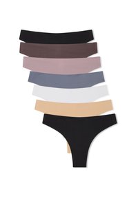 Assortimento di perizomi da donna in vari colori solidi: nero, marrone scuro, malva, grigio chiaro, bianco, beige, con una texture liscia e una fascia larga in vita.