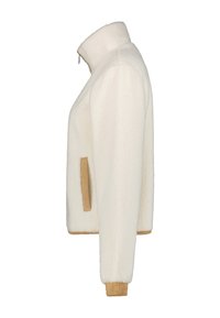 Giacca in pile color crema con colletto alto, chiusura con zip e dettagli beige su tasche e polsini. Texture morbida con un design a vestibilità rilassata.