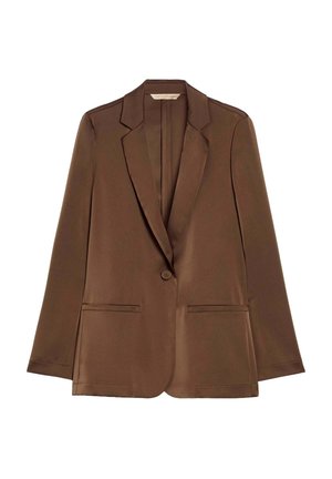Blazer in raso marrone con chiusura a un solo bottone, rever a lancia, due tasche frontali e maniche lunghe. Texture liscia e vestibilità sagomata.