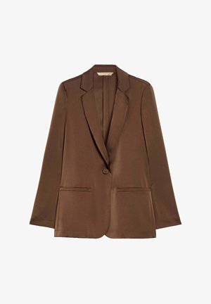 Blazer in raso marrone con chiusura a un solo bottone, rever a lancia, due tasche frontali e maniche lunghe. Texture liscia e vestibilità sagomata.