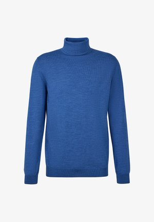 Niebieski sweter z golfem wykonany z miękkiej dzianiny. Posiada długie rękawy, dopasowane mankiety oraz prążkowany dół dla lepszego dopasowania.