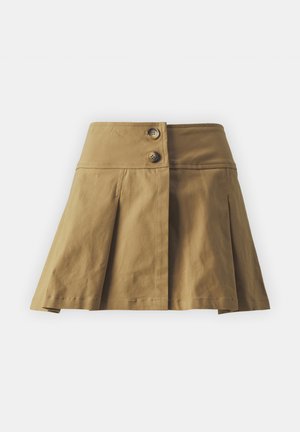 Khaki seelik sobiva vöökoha, kahe nupuga ja plisseeritud disainiga. Valmistatud puuvillast, sileda tekstuuri ja otse servaga.