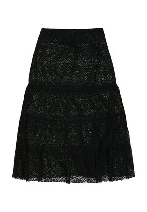 Jupe en dentelle noire avec un design à volants et une taille élastique. Le tissu présente un motif floral et une texture transparente.