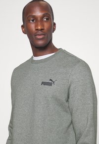 Felpa grigia con maniche lunghe, realizzata in un materiale morbido, con un logo Puma nero sul petto. Collo rotondo con un colletto interno bianco.