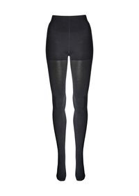 Collant neri opachi con vita alta. Il tessuto è liscio e presenta una texture uniforme, garantendo una copertura totale della gamba.