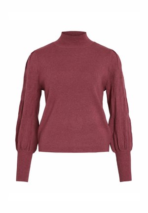 Pull en maille bordeaux avec un col montant, présentant des manches bouffantes et des motifs texturés le long des manches. Tissu doux et lisse avec une coupe décontractée.