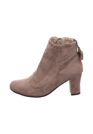 Braune Wildleder-Ankelstiefel mit abgerundetem Zeh, genähten Details am Kragen und einem Blockabsatz. Mit seitlichem Reißverschluss und Quast-Akzent.