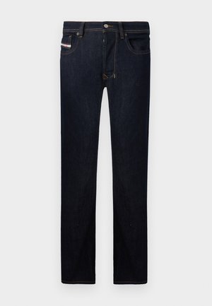 Dark blue denim jeans with a straight cut, featuring five pockets, contrasting stitching, and a metal button closure.