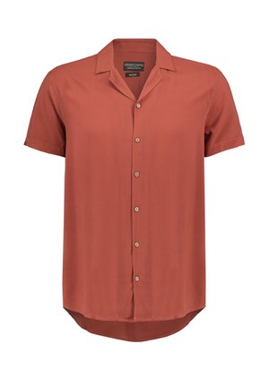 Short-sleeve, button-up shirt in rust-colored fabric. Features a spread collar, a straight hem with a slightly longer back, and light texture.