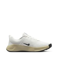 White athletic shoe with a breathable mesh upper, black Nike swoosh, textured midsole, and black outsole. Flat laces and pull tab included.