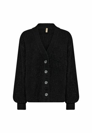 Black knitted cardigan with long sleeves, deep V-neck, and six button front closure. Textured fabric and ribbed cuffs and hem.