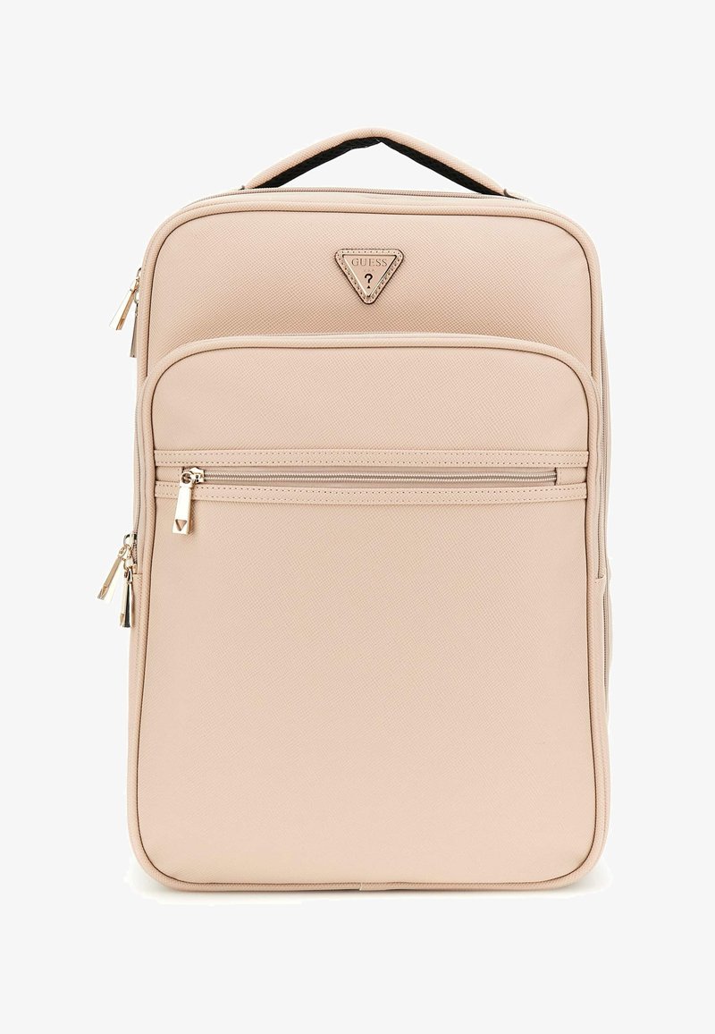 Zaino sintetico rosa con superficie testurizzata, dettaglio del logo, maniglia superiore singola e due scomparti con zip.