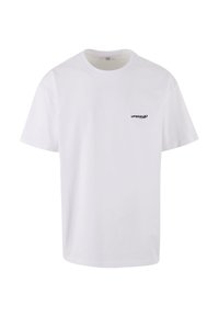 White cotton t-shirt with short sleeves and a crew neck. Features a small black "UPGRADE" logo on the left chest area.