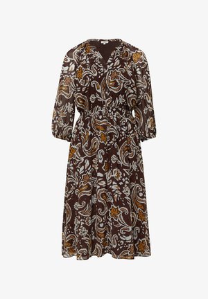 Bruin jurkje met bloemenpatroon, een V-hals, een gathered taille en driekwart mouwen. Gemaakt van lichtgewicht, doorschijnende stof.