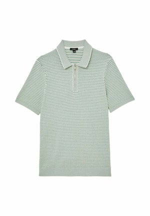 Kurzärmeliges Strick-Poloshirt mit grün-weißem Zickzackmuster, halb frontzipper, Rippkragen, Bündchen und Saum.