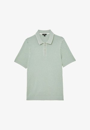 Kurzärmeliges Strick-Poloshirt mit grün-weißem Zickzackmuster, halb frontzipper, Rippkragen, Bündchen und Saum.
