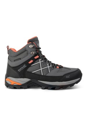 Gray and black high-top hiking boot with orange accents, rugged sole, laces, and waterproof mesh upper for outdoor use.