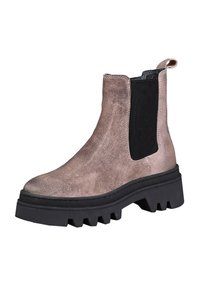 Suede ankle boot in light brown with black elastic side panels and pull tab. Chunky black sole with a ridged pattern for traction.