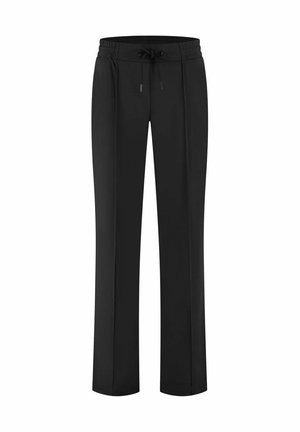 Zwarte broek met rechte pijpen, elastische tailleband en koord aan de voorkant, met subtiele vouwlijnen langs elke pijp.