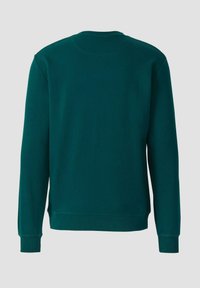 Felpa in cotone verde con maniche lunghe, collo rotondo, polsini e orlo a coste, texture liscia e design minimalista.