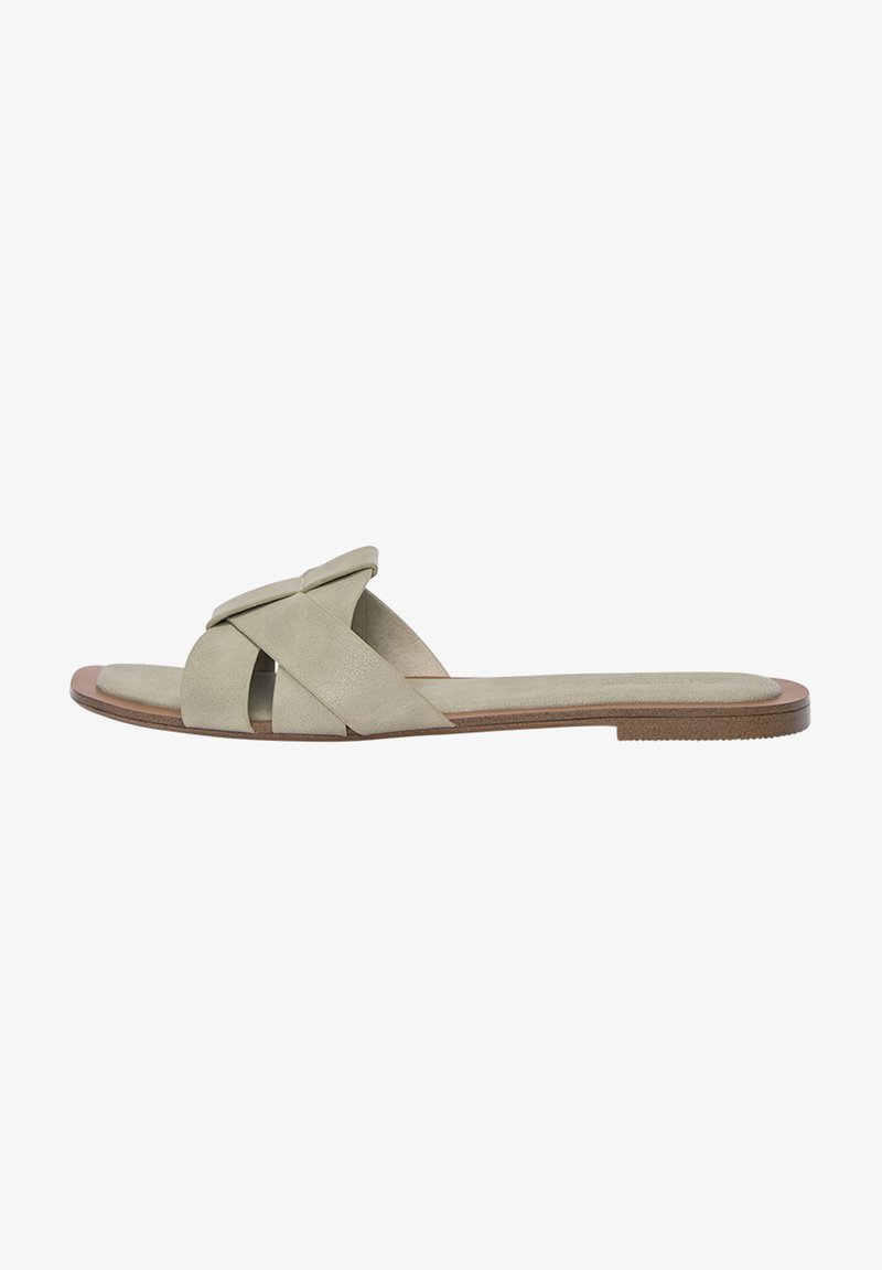 Platta sandaler i ljusgrön mocka med ett vävt remdesign, som har en mjuk sula och en smal gummisula.