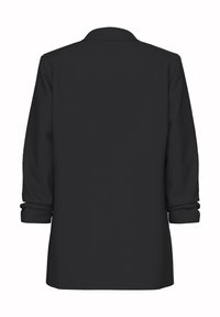 Blazer negro con un cuello estructurado, mangas largas y detalles en los puños. Fabricado en un tejido suave, presenta un diseño simple y limpio sin patrones.