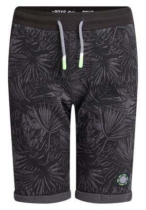 Sorte og grå tropiske løvmønstrede shorts med opkrogede kanter, snøre i taljen og et lille grønt rundt logo nær kanten.