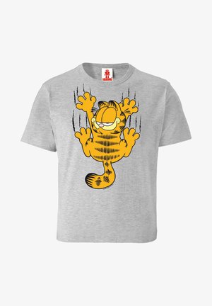 Grijze katoenen t-shirt met een grote illustratie van een cartoonkat met oranje strepen en uitgeklapte klauwen aan de voorkant.